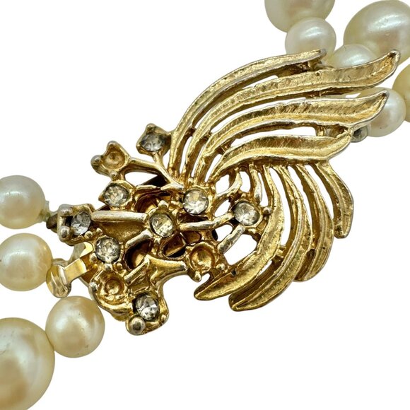 Vintage Triple-Strand Faux Pearl Necklace With Gold-Tone Rhinestone Clasp - Picture 3 of 8